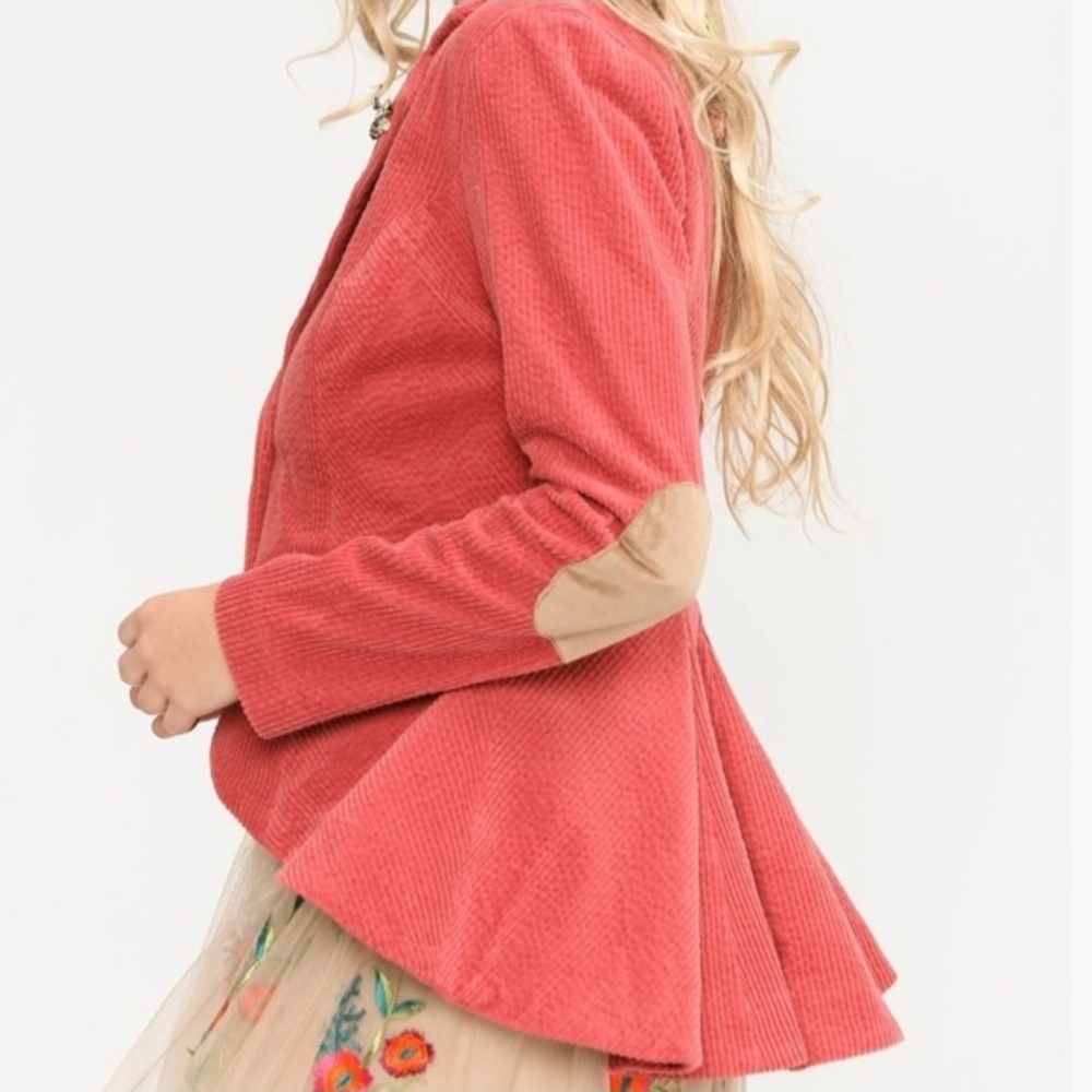 Aratta Anthropologie Pink Corduroy 'Alexander' Jacket Tan Elbows Floral Lined M